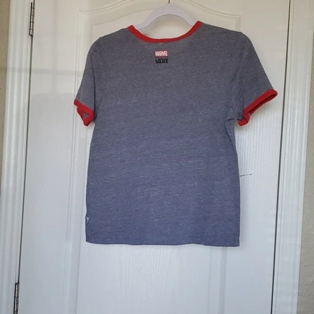 Vans Off The Wall Women's X Captain Marvel Ringer Tee T-Shirt in Grey Racing Red - Picture 4 of 6